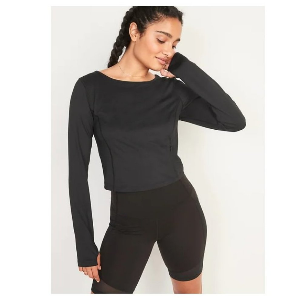 Old Navy Activewear PowerSoft Long Sleeve Cropped Top, Black, Sz S, NWT